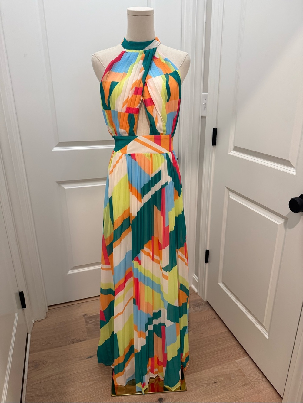 Flying Tomato Multicolor Halter Maxi Dress in Teal, Yellow & Coral